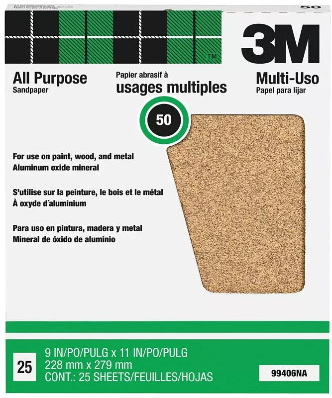 3M 99406 Sandpaper Sheet, 11 in L, 9 in W, Coarse, 50 Grit, Aluminum O