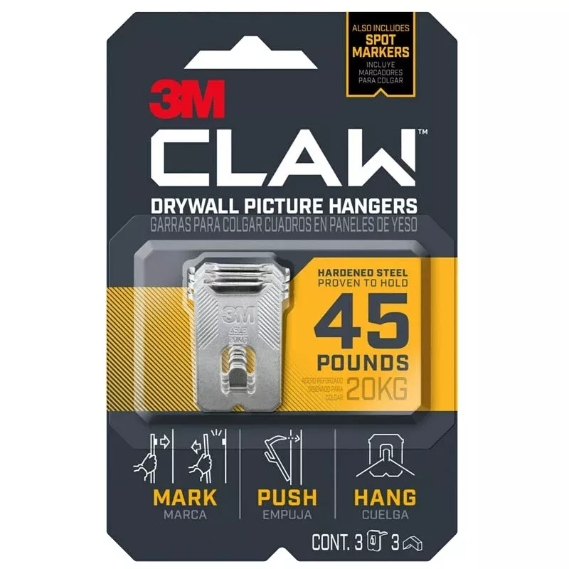 3M CLAW 3PH45M-3ES Drywall Picture Hanger, 45 lb, Steel, Push-In, 3/PK