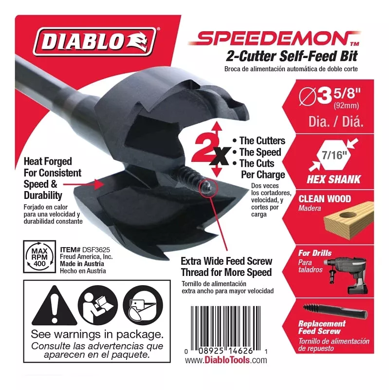 Diablo DSF3625 Drill Bit, 3-5/8 in Dia, 5-1/8 in OAL, 7/16 in Dia Shan