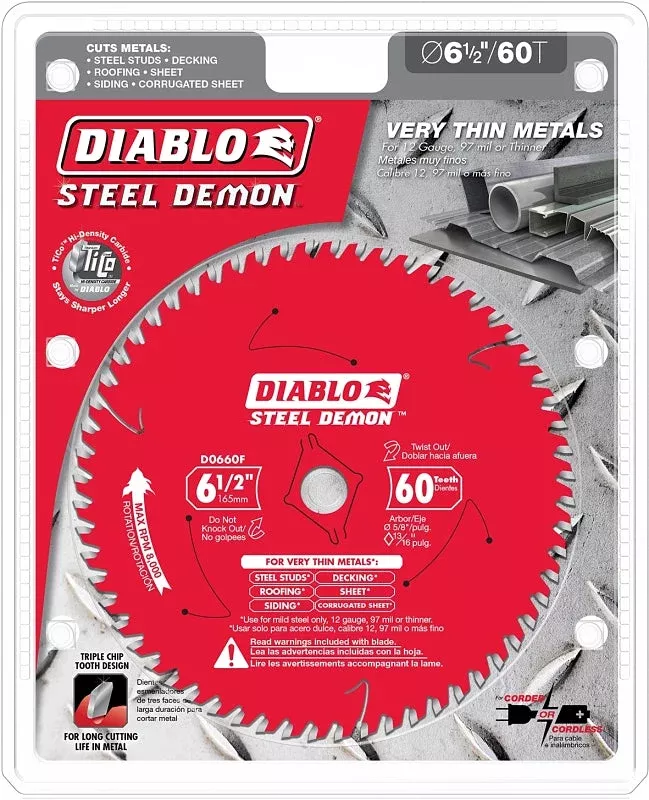 Diablo Steel Demon D0660F Saw Blade, 6-1/2 in Dia, 5/8 in Arbor, 60-Te