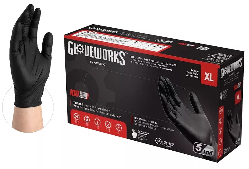 Gloveworks GPNB48100 Non-Sterile Gloves, XL, Nitrile, Powder-Free, Bla