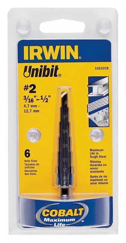 Irwin UNIBIT 10232 Step Drill Bit, 3/16 to 1/2 in Dia, 1-Flute, 1/4 in