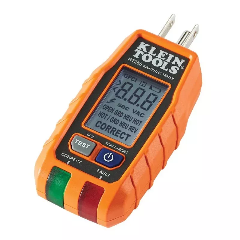 Klein Tools RT250 GFCI Receptacle Tester, 135 VAC, LCD Display, Functi