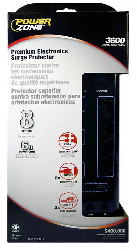 PowerZone OR503118 Surge Protector Power Strip, 125 V, 15 A, 8-Outlet,