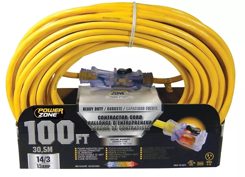 PowerZone ORP511735 Contractor Cord, 14 AWG Cable, 100 ft L, 13 A, 125