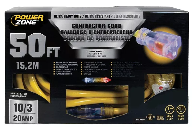 PowerZone ORP711930 Contractor Cord, 10 AWG Cable, 50 L, 20 A, 125 V,