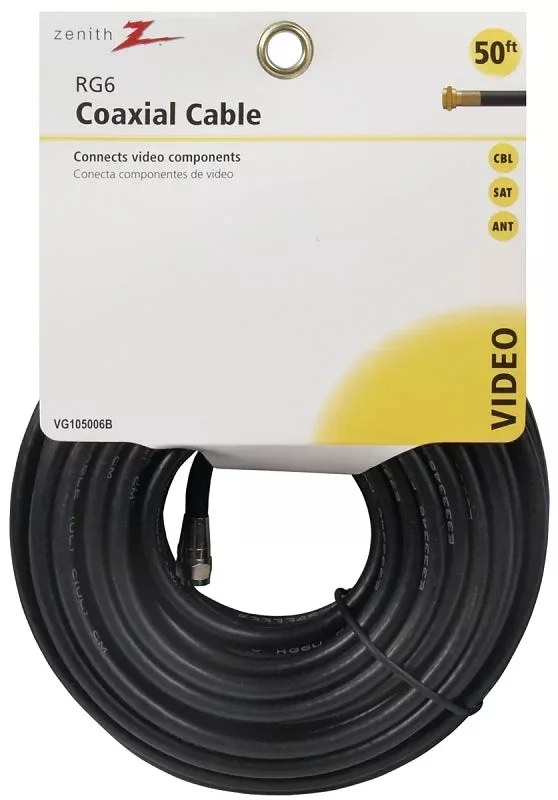 Zenith VG105006B RG6 Coaxial Cable, F-Type, F-Type, Black Sheath, 50 f